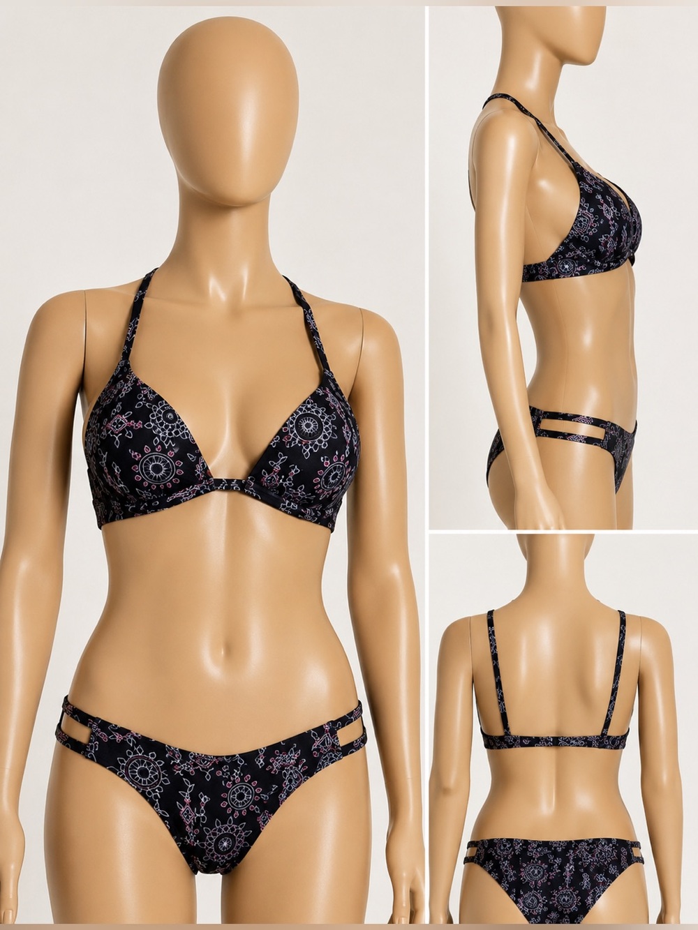 Ramy Brook Bikini Set Bali Print Black Boho Swim Top XXS Bottoms Medium Strappy